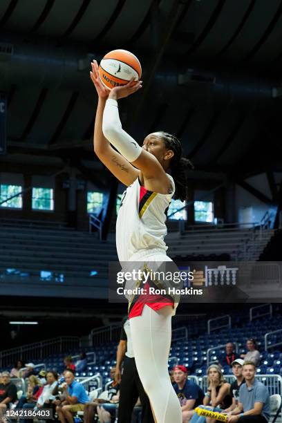 Ja Wilson of the Las Vegas Aces shoots the ball during the game against the Indiana Fever on July 29, 2022 at Hinkle Fieldhouse in Indianapolis,...