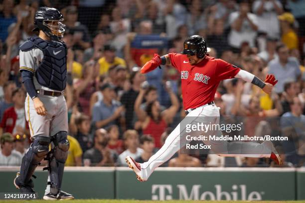 Christian Vázquez of the Boston Red Sox scores on a double hit by Alex Verdugo of the Boston Red Sox during the sixth inning of a game against the...