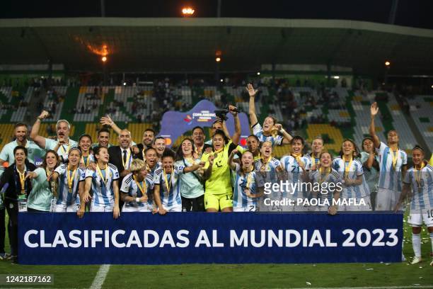 Argentina's players celebrate after receiving their third place medal during the award ceremony at the end of the Conmebol 2022 women's Copa America...