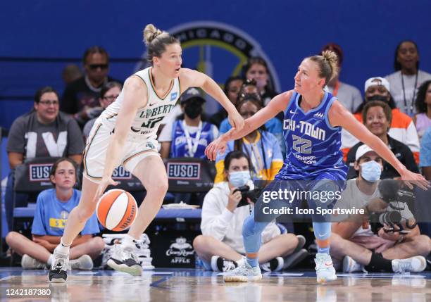 Chicago Sky guard Courtney Vandersloot guards New York Liberty guard Sami Whitcomb during a WNBA game between the New York Liberty and the Chicago...