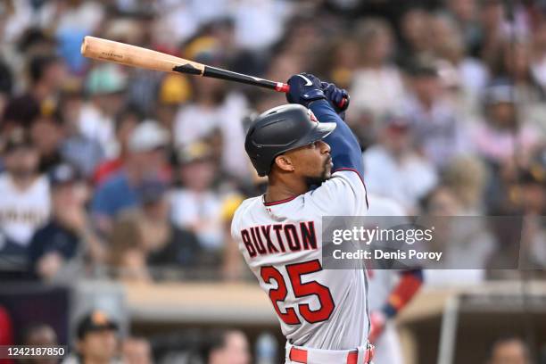 Byron Buxton of the Minnesota Twins hits a solo home run during the fourth inning of a baseball game against the San Diego Padres at Petco Park on...