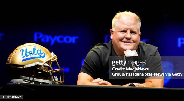 Los Angeles, CA Head coach Chip Kelly of UCLA speaks to the media during the 2022 PAC-12 media day at the The Novo at L.A. LIVE in Los Angeles on...