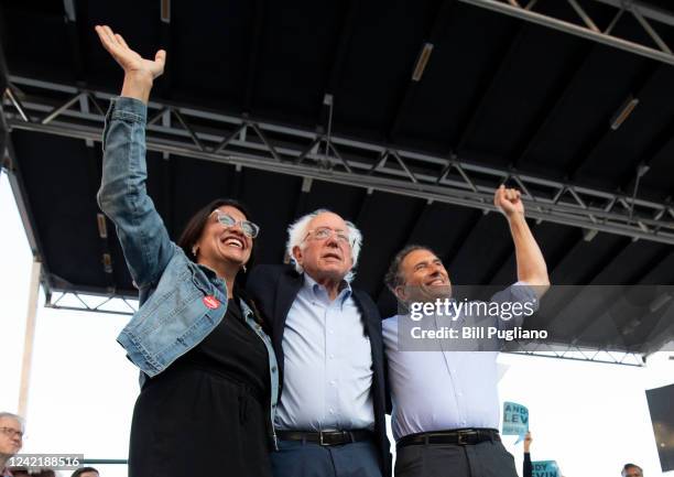 Senator Bernie Sanders campaigns for Michigan Democratic Rep. Andy Levin and Rep. Rashida Tlaib at a rally on July 29, 2022 in Pontiac, Michigan. The...