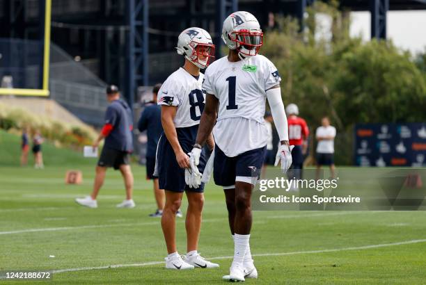 New England Patriots wide receiver DeVante Parker waits for his turn in a drill during New England Patriots training camp on July 28 at the Patriots...