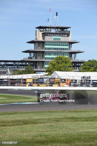 Simon Pagenaud Meyer Shank Racing Dallara Honda races through turn eight as the historic Pagoda provides a backdrop during practice for the NTT...