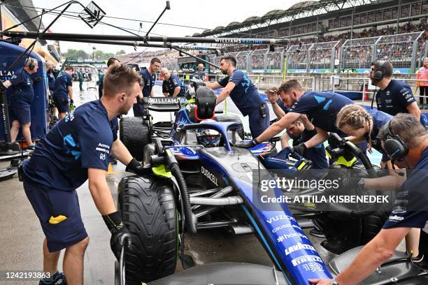 Williams' Canadian driver Nicholas Latifi stops in the pits during the third practice session ahead of the Formula One Hungarian Grand Prix at the...