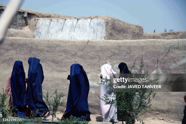 Afghan burqa-clad women workers walk inside a shampoo and soap factory in Kandahar on July 30, 2022.