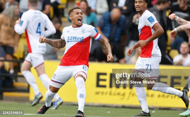 James Tavernier of Rangers celebrates his sides 2nd goal from a free kick during the Cinch Scottish Premiership match between Livingston FC and...