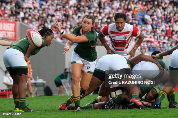 South Africa's Tayla Kinsey passes the ball during a women's rugby test match between Japan and South Africa at Kumagaya Rugby Stadium in Kumagaya,...