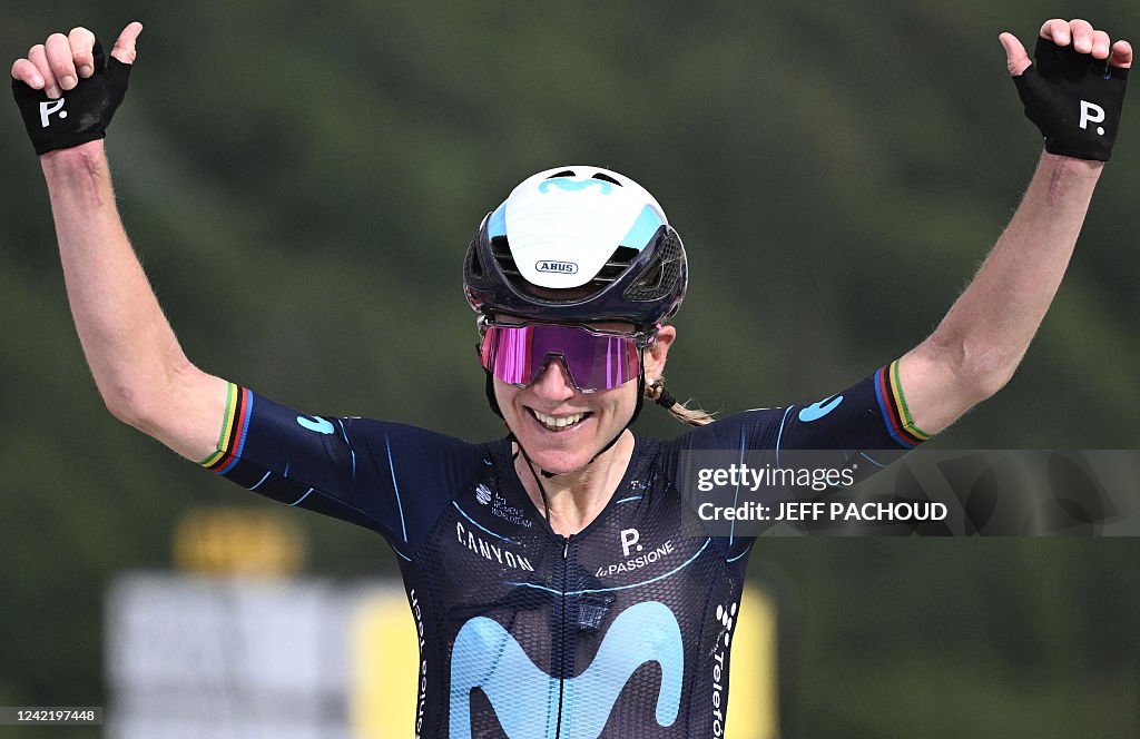 Dutch Rider Movistar Team's Dutch rider Annemiek Van Vleuten celebrates as she ...