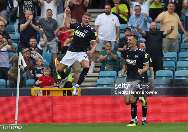 Charlie Cresswell of Millwall celebrates after scoring their second goal during the Sky Bet Championship match between Millwall and Stoke City at The...