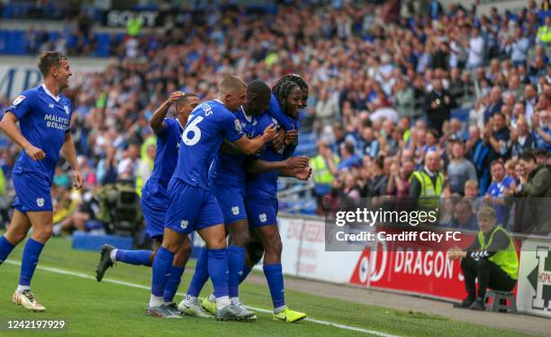 Romaine Sawyers of Cardiff City FC and the rest of first team celebrating his 1-0 goal towards Norwich City during the Sky Bet Championship between...