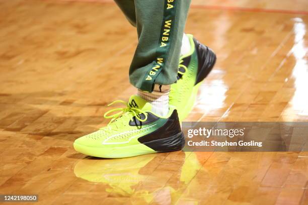 The sneakers worn by Breanna Stewart of the Seattle Storm before the game against the Washington Mystics on July 30, 2022 at Entertainment & Sports...