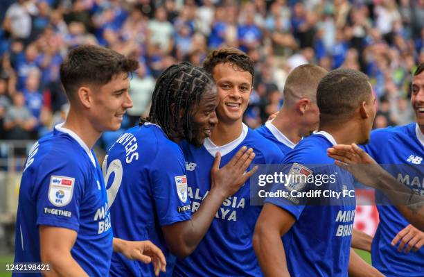 Romaine Sawyers of Cardiff City FC and the rest of first team celebrating his 1-0 goal towards Norwich City during the Sky Bet Championship between...