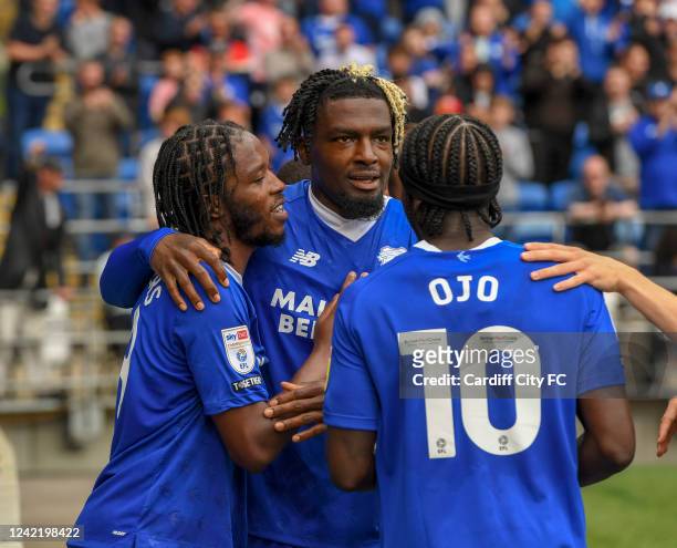 Romaine Sawyers of Cardiff City FC and the rest of first team celebrating his 1-0 goal towards Norwich City during the Sky Bet Championship between...