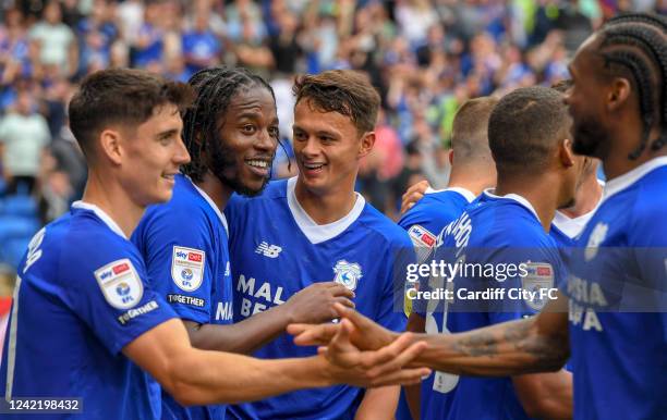 Romaine Sawyers of Cardiff City FC and the rest of first team celebrating his 1-0 goal towards Norwich City during the Sky Bet Championship between...