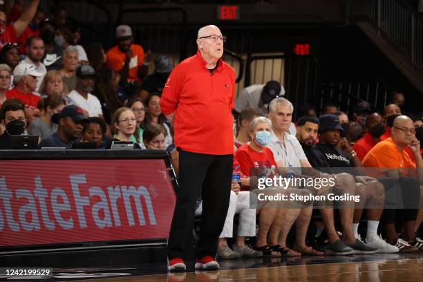 Head Coach Mike Thibault of the Washington Mystics looks on during the game against the Seattle Storm on July 30, 2022 at Entertainment & Sports...