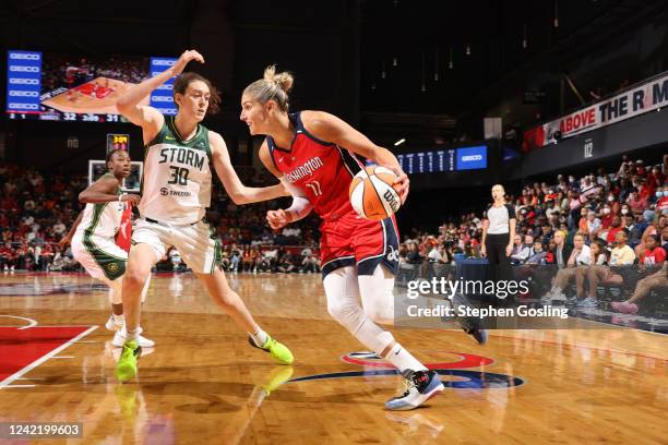 Elena Delle Donne of the Washington Mystics dribbles the ball during the game against the Seattle Storm on July 30, 2022 at Entertainment & Sports...