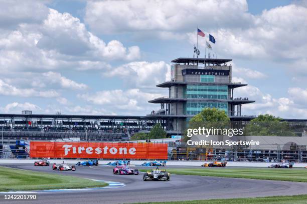 General view as Colton Herta leads a group of cars during the NTT INDYCAR Series Gallagher Grand Prix on July 30, 2022 at Indianapolis Motor Speedway...