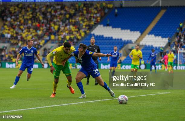 Mark Harris of Cardiff City FC and Andrew Omobamidele of Norwich City during the Sky Bet Championship between Cardiff City and Norwich City at...