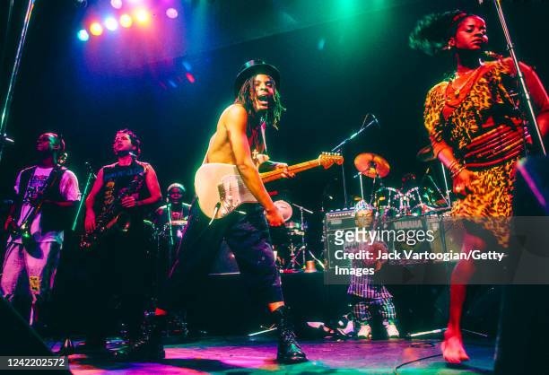 Nigerian reggae singer-songwriter and musician Majek Fashek performs with his band at The Ritz, New York, New York, August 25, 1992.