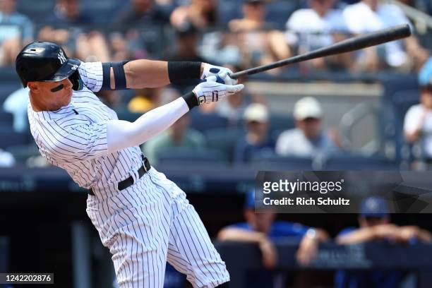 Aaron Judge of the New York Yankees hits a two-run home run against the Kansas City Royals during the third inning of a game at Yankee Stadium on...