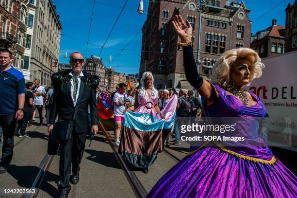 Drag queen is seen cheering the audience. The annual equal rights demonstration for the global rainbow community took place in Amsterdam. Thousands...