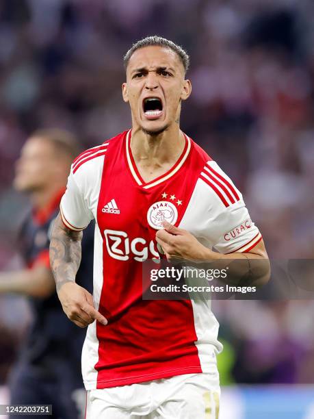 Antony of Ajax celebrates 2-2 during the Dutch Johan Cruijff Schaal match between Ajax v PSV at the Johan Cruijff Arena on July 30, 2022 in Amsterdam...