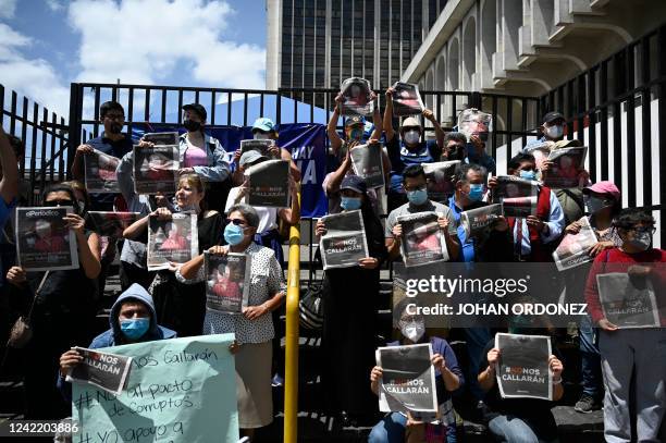 Guatemalan journalists protest against the arrest of Jose Ruben Zamora, president of the newspaper El Periodico, outside the Justice Palace in...