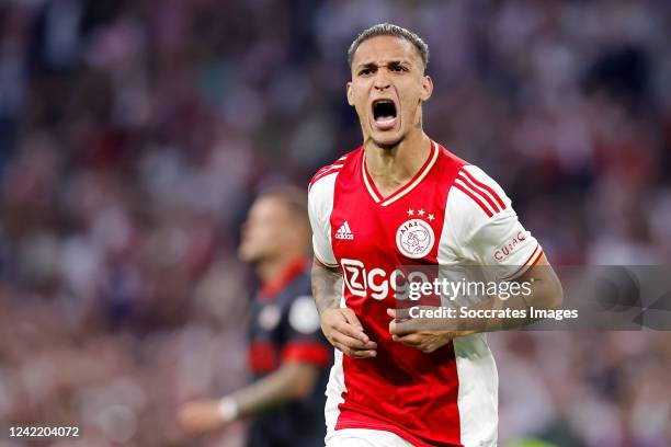 Antony of Ajax celebrates 2-2 during the Dutch Johan Cruijff Schaal match between Ajax v PSV at the Johan Cruijff Arena on July 30, 2022 in Amsterdam...