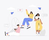 Group of people use mobile smartphone for chatting in social media. Group of friends correspond with each other on social networks. Modern vector illustration for advertising, banner, app, flyer.