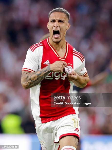 Antony of Ajax celebrates 2-2 during the Dutch Johan Cruijff Schaal match between Ajax v PSV at the Johan Cruijff Arena on July 30, 2022 in Amsterdam...