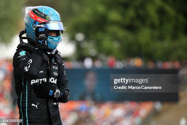 George Russell of Mercedes AMG Petronas F1 Team celebrates in the parc ferme after qualifying for the F1 Grand Prix of Hungary.