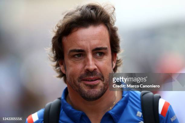 Fernando Alonso of Alpine F1 in the paddock during final practice for the F1 Grand Prix of Hungary.