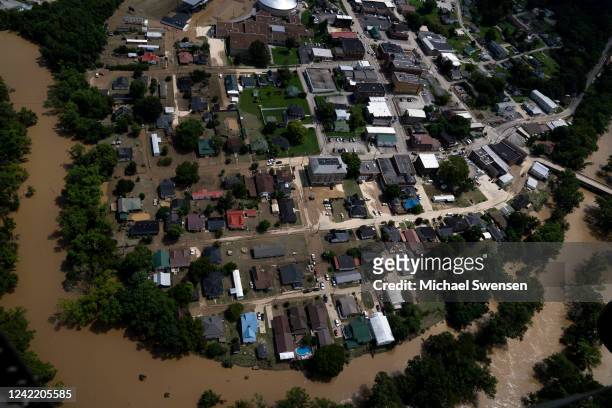 In this aerial view, a residential neighborhood can be seen as the Kentucky National Guard fly a recon and rescue mission on July 30, 2022 over...