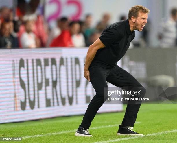 July 2022, Saxony, Leipzig: Soccer: DFL Supercup, RB Leipzig - FC Bayern Munich, Red Bull Arena. Munich coach Julian Nagelsmann is on the sidelines....