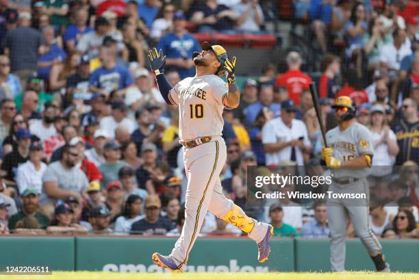 Omar Narvaez of the Milwaukee Brewers looks skyward after his home run against the Boston Red Sox during the second inning at Fenway Park on July 30,...