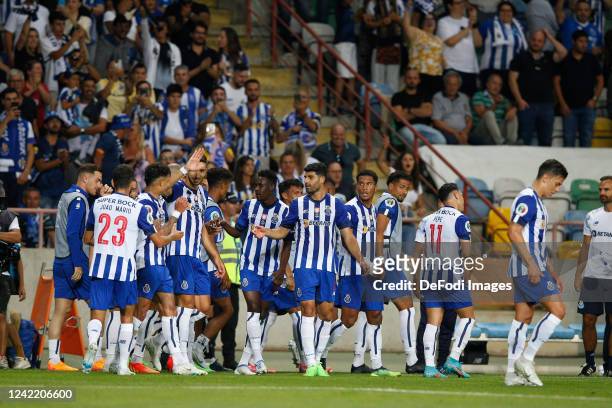 Mehdi Taremi of FC Porto celebrates after scoring his team's first goal with teammates during the Supertaca Candido de Oliveira Final match between...