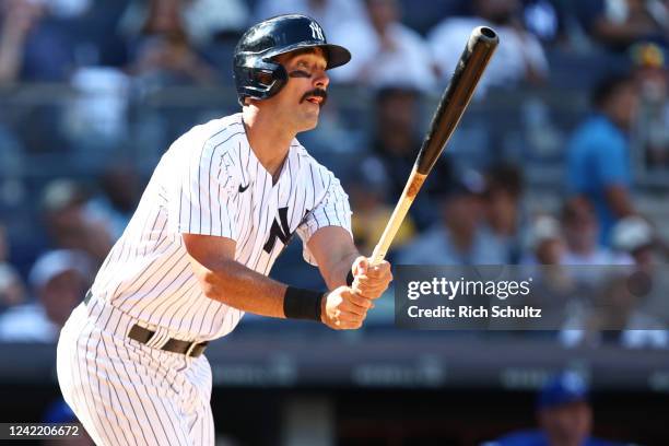 Matt Carpenter of the New York Yankees watches his home run against the Kansas City Royals during the seventh inning of a game at Yankee Stadium on...