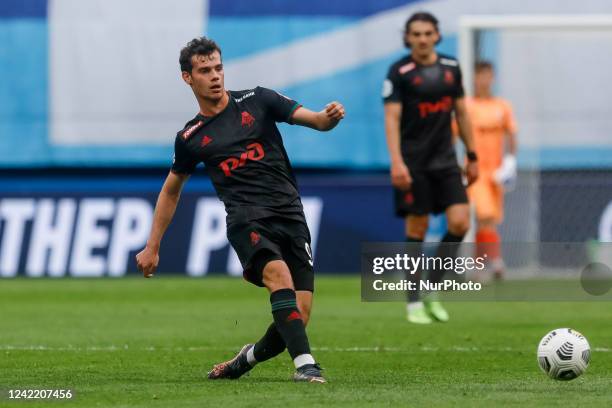 Artem Karpukas of Lokomotiv Moscow passes the ball during the Russian Premier League match between FC Zenit Saint Petersburg and FC Lokomotiv Moscow...