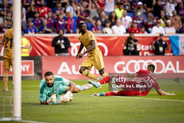 Ousmane Dembélé of FC Barcelona scores a goal in the first half of the preseason Friendly match against New York Red Bulls at Red Bull Arena on July...