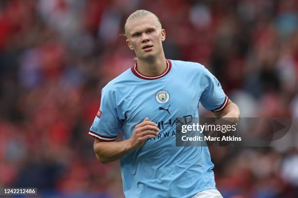 Erling Haaland of Manchester City during the The FA Community Shield at The King Power Stadium on July 30, 2022 in Leicester, England.