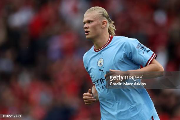 Erling Haaland of Manchester City during the The FA Community Shield at The King Power Stadium on July 30, 2022 in Leicester, England.