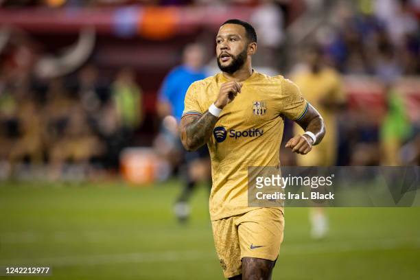Memphis Depay of FC Barcelona celebrates his goal in the second half of the preseason Friendly match New York Red Bulls at Red Bull Arena on July 30,...