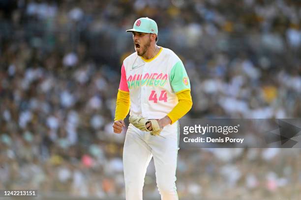 Joe Musgrove of the San Diego Padres reacts after getting a strike out to end the fifth inning of a baseball game against the Minnesota Twins July...