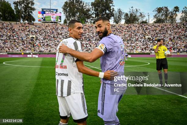 Angel Di Maria of Juventus and Karim Benzema of Real Madrid during a preseason match between Juventus and Real Madrid at Rose Bowl on July 30, 2022...