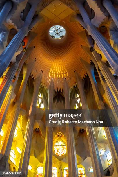 Interior stained glass and architecture in La Sagrada Familia which is a Unesco World Heritage Site.