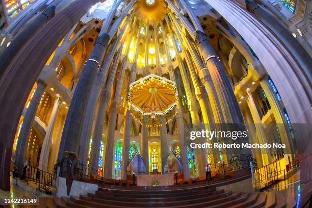 Interior stained glass and architecture in La Sagrada Familia which is a Unesco World Heritage Site.