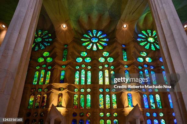 Interior stained glass and architecture in La Sagrada Familia which is a Unesco World Heritage Site.