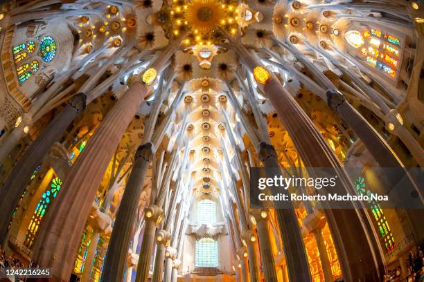 Interior stained glass and architecture in La Sagrada Familia which is a Unesco World Heritage Site.